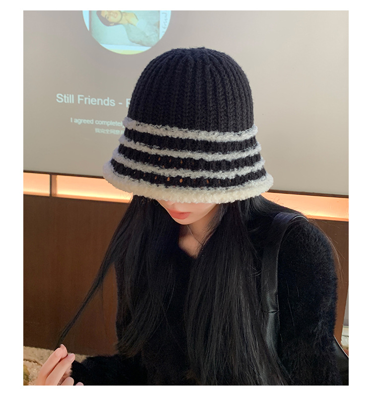 Autunno e inverno nuovo cappello coreano a righe lavorato a maglia con viso piccolo a secchiello per esterni in lana lavorata a maglia calda e alla moda_voghion.com