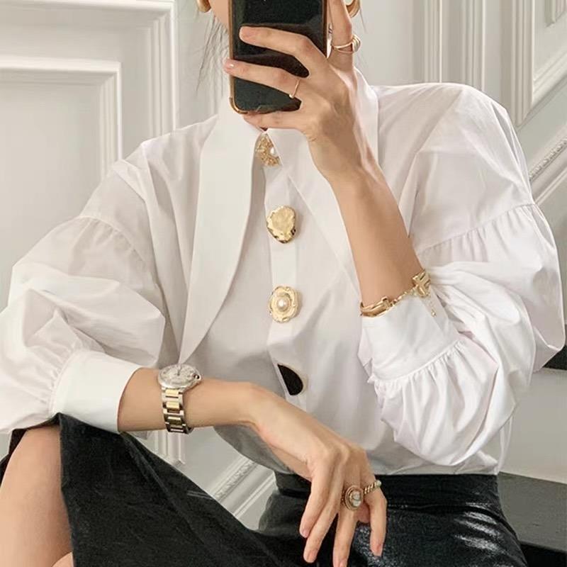 Pointed Collar Blouse for Women White Shirt with Abstract Print Office-to-Date A-Line Top Single Button Closure XS-3XL_voghion.com