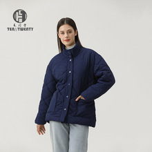 外贸原单棉服工厂女士立领收腰菱形格棉袄外套欧美品牌代工棉衣