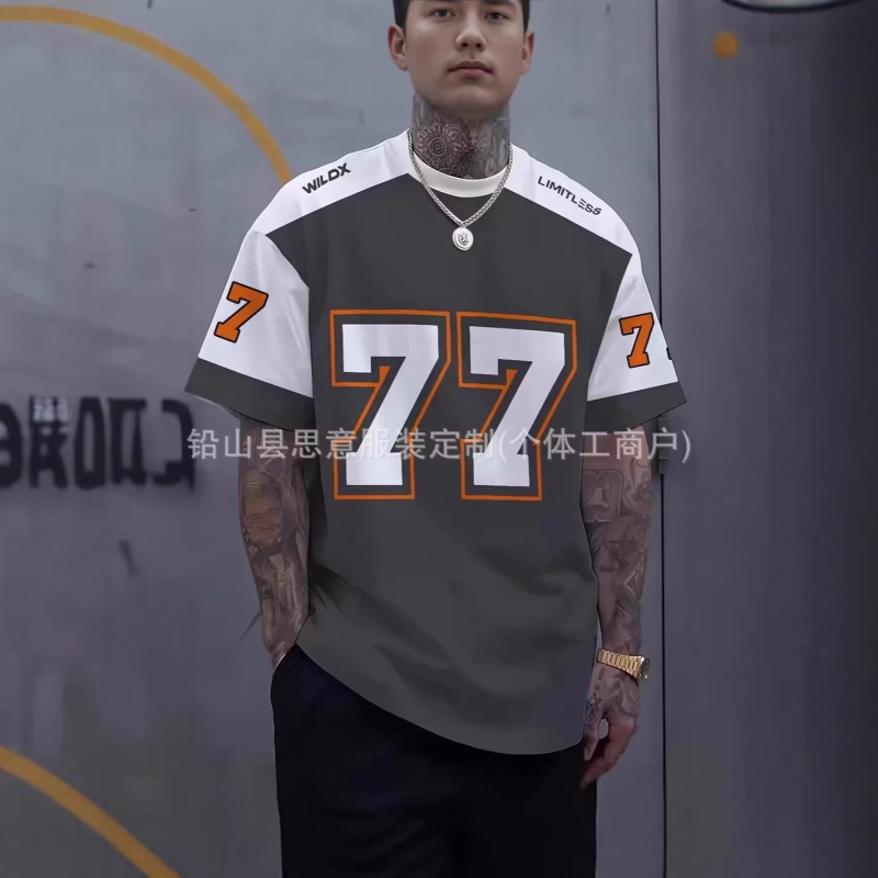 77 Round Neck Short-Sleeved American Retro Sports High Street Casual Football Uniform Basketball Hip-Hop Jersey T-Shirt European and American Style