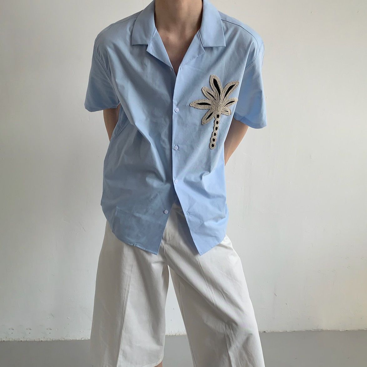 夏季新款设计感短袖衬衫男小众休闲刺绣花朵高级感古巴领衬衣T恤