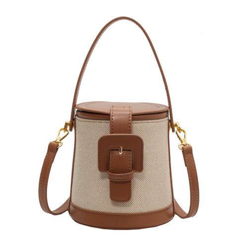 2024 New Lightweight Luxury Vintage Bucket Bag for Women – Canvas Contrast-Color Patchwork Crossbody Bag with Handle and Shoulder Strap