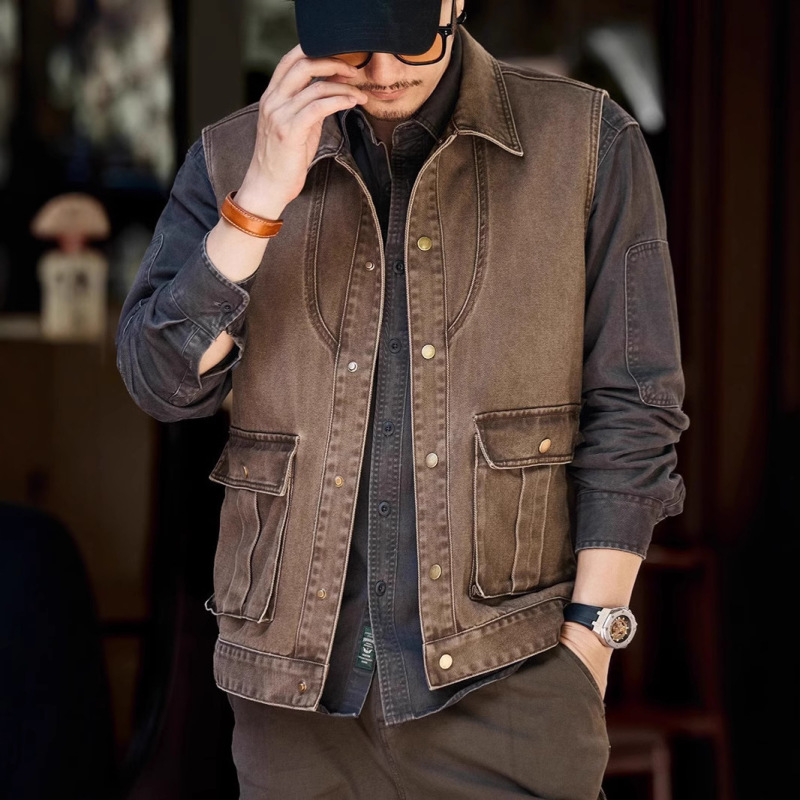 Spring and Autumn American Retro Tooling Denim Vest Men's Maillard Fashionable Outdoor Waistcoat Casual Jacket Spring and Autumn American Retro Tooling Denim Vest Men's Maillard Fashionable Outdoor Waistcoat Casual Jacket