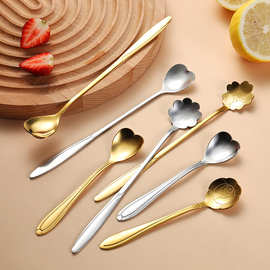 不锈钢樱花勺创意勺子家用搅拌勺甜品勺金色小勺长柄雪糕勺子批发