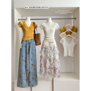 2025 New Summer Lace Dream ~ Lace Splicing Short-Sleeved Knitwear V Neck Versatile Top