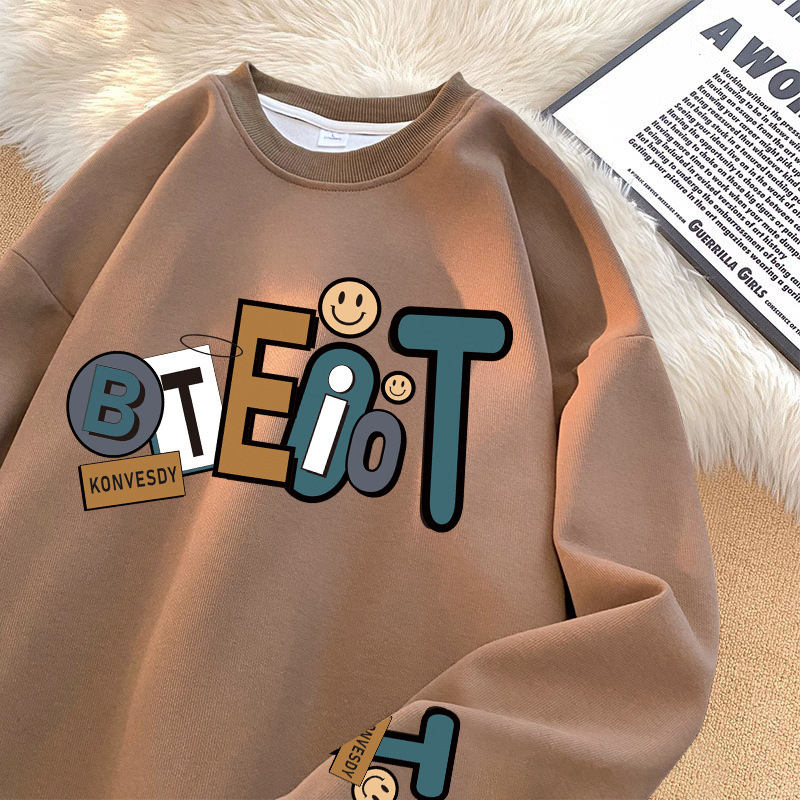 American retro heavy sweater for boys autumn and winter fleece-lined thickened loose plus size round neck long sleeve top coat American retro heavy sweater for boys autumn and winter fleece-lined thickened loose plus size round neck long sleeve top coat