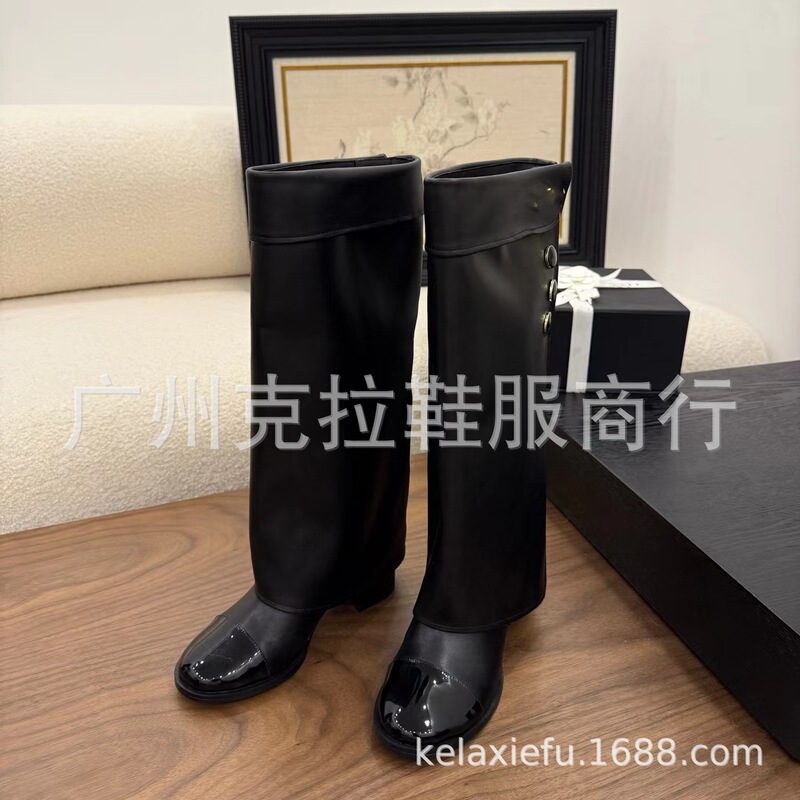 高定25秋冬新款小香风真皮拼色粗跟长靴时尚百搭高筒靴|undefined