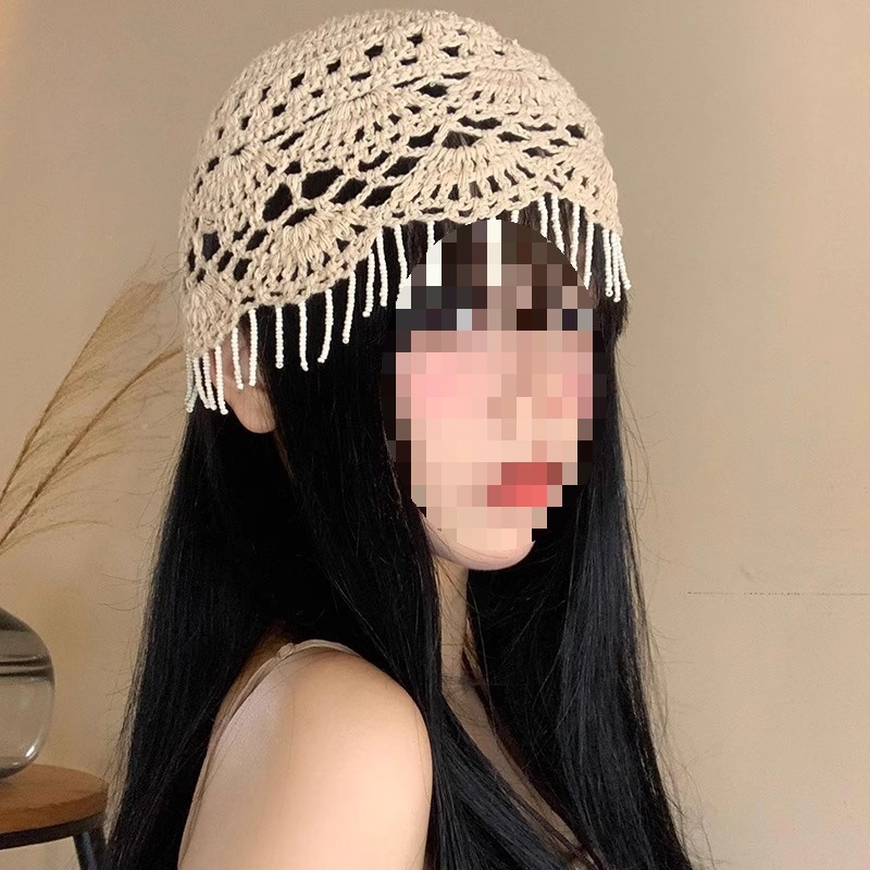 女性用の春夏の手織り中空つば帽子、エスニックスタイルのフックフラワー、タッセルストラップ、プルオーバーニット帽、多用途|undefined
