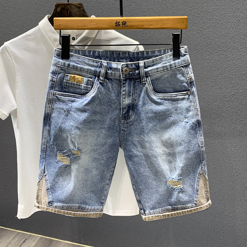 2022 Summer Thin Luxury Trendy Brand Distressed Denim Shorts for Men, Loose Fit, Stretchy Five-Point Pants