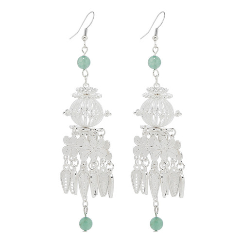 New Chinese style national style Miao silver earrings original niche retro aventurine earrings long tassel ethnic style earrings for women