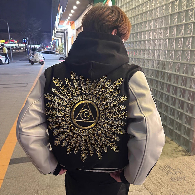 High-End American High Street Short Jacket with Sun and Eye of the Sun Embroidery Vibe Baseball Jacket for Men