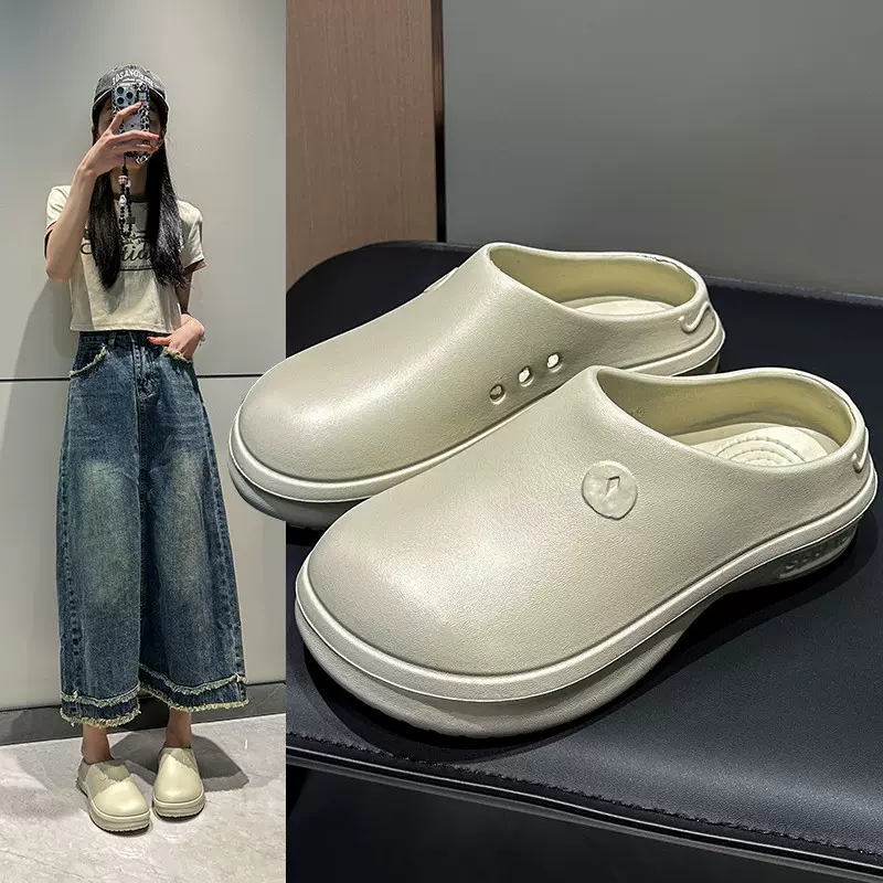 跨境外贸包头拖鞋女士外穿夏季凉鞋厚底轻便防滑增高厨师鞋洞洞鞋