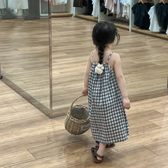 2024 Girls' Summer Pineapple Series Navy Blue Grid Pull-On Long Cotton Linen Strappy Tank Top Dress with Breathable Backless Bodice