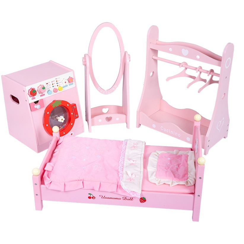 Nuevo juego de juguetes de madera para lavadora infantil para jardín de infancia, cama de muñecas realista, regalo de cumpleaños para niñas.