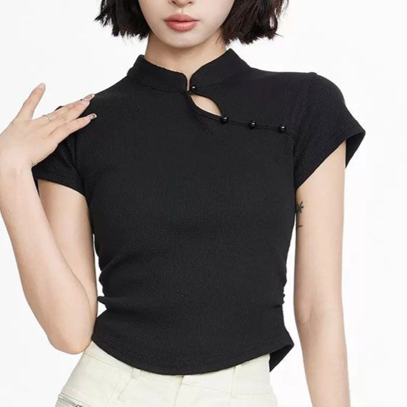 Summer New Pure Cotton Short-Sleeved T-Shirt for Women, New Chinoiserie Stand-Up Collar, Slim Fit, Versatile, National Style Design and Elegant Summer New Pure Cotton Short-Sleeved T-Shirt for Women, New Chinoiserie Stand-Up Collar, Slim Fit, Versatile, National Style Design and Elegant