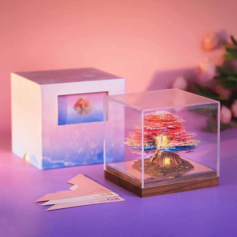 2026 新製品 3D パノラマ紙彫刻カレンダー桜ツリーハウス装飾品立体手で切れるメモ紙クリエイティブギフト|undefined
