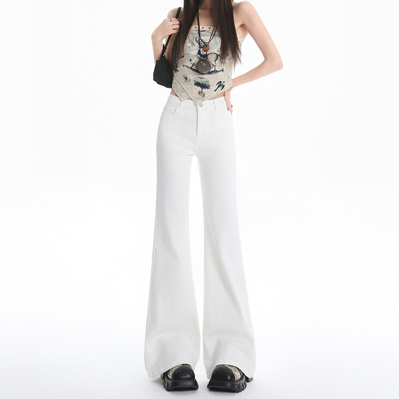 Mid-Low Waist Non-Stretch Flared Jeans for Women, Slimming American Retro Distressed Floor-Length Pants with Stretch