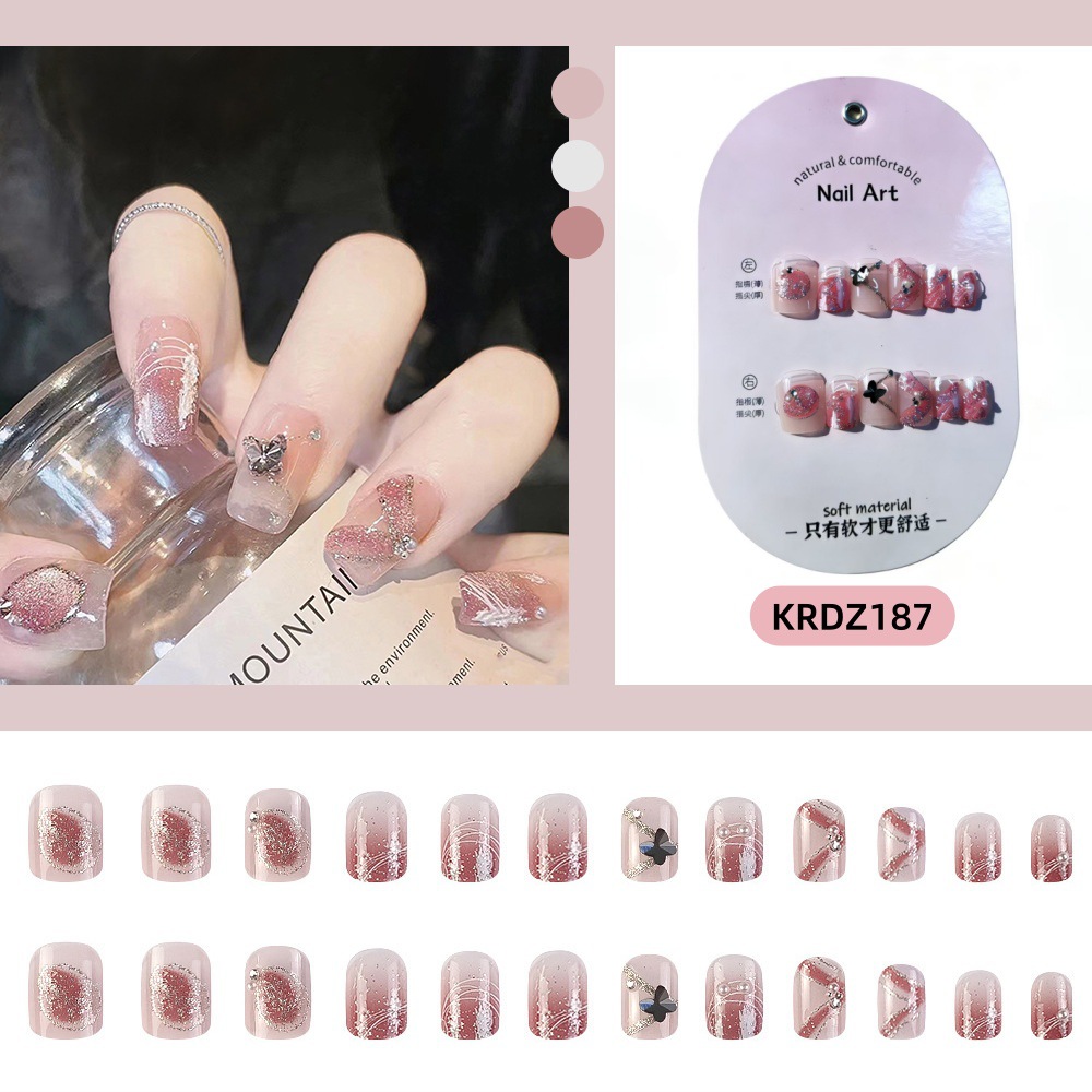 24 piezas de parche de uñas de mariposa de alta calidad, uñas de uñas elegantes con incrustaciones de diamantes, uñas cortas suaves y de moda image 9