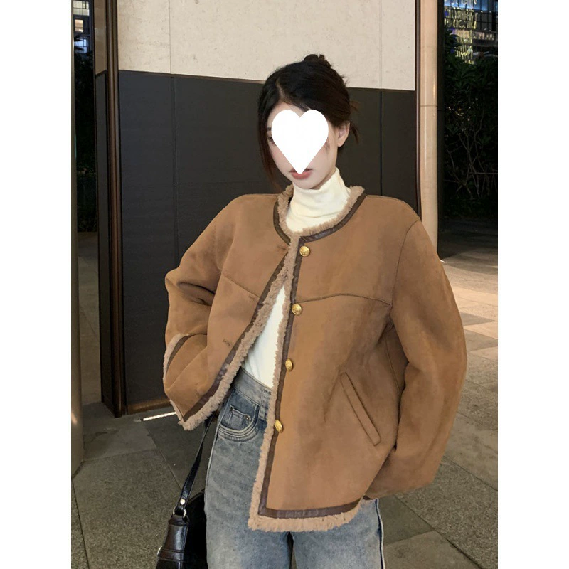 Женское короткое пальто из шерсти ягненка, зимнее утолщенное на флисовой подкладке, универсальное элегантное теплое пальто с круглым вырезом и хлопковой подкладкой