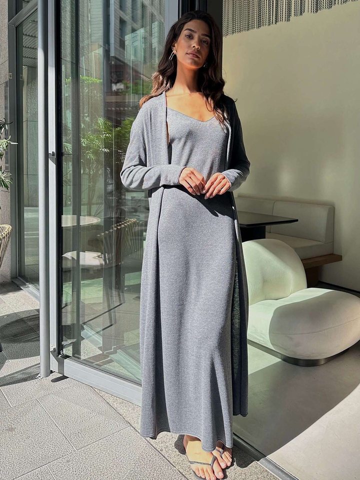 Bộ đầm dài kèm áo cardigan dệt kim dài tay nữ — Màu cà phê đậm, Màu hồng, Màu trắng, Màu xám chi tiết 99