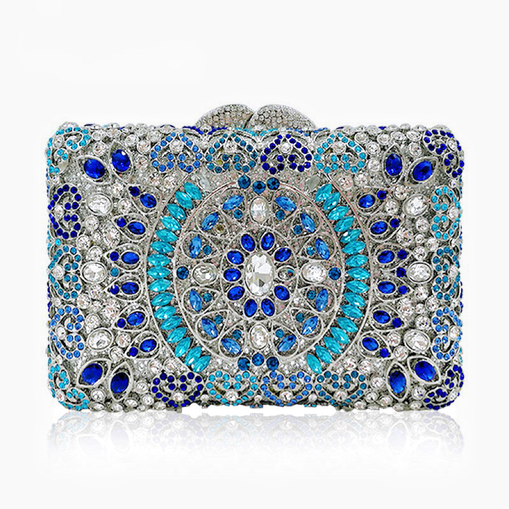 Túi clutch nữ đính đá dạ hội hộp vuông kim loại rỗng phong cách châu Âu — Màu bạc xanh lam, Màu vàng lam, Màu Sâm panh, Màu bạc