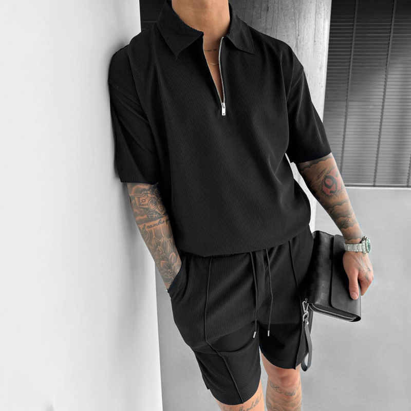 Turndown Neckline Loose Fit Type Solid Color Pattern Summer Season Men's Solid Color Casual Turndown Short Sleeve Loose Men's Sets