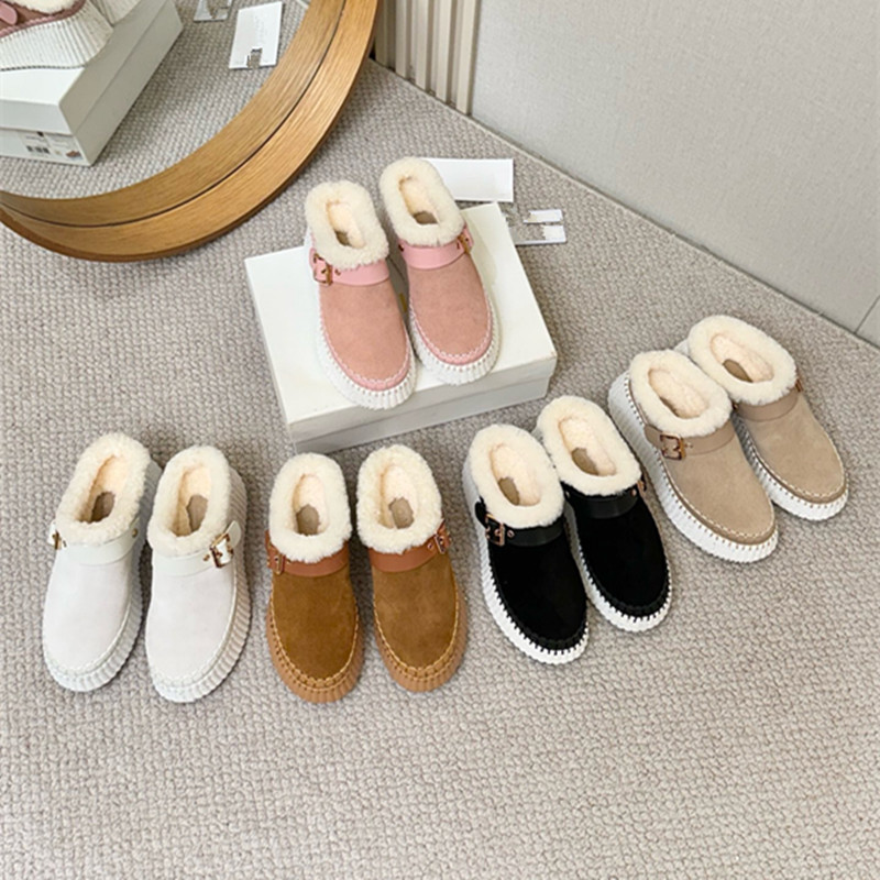 2025 New Genuine Leather Round-Toe Thick-Soled Women's Shoes, Comfortable and Versatile, Fashionable and Warm Furry Shoes, Real Wool Snow Boots for Women