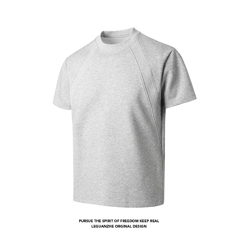 Cleanfit American Heavyweight Deconstructed Short Sleeve Men's Summer Boxy Fit T-Shirt Air Layer Patchwork Gray Top_voghion.com