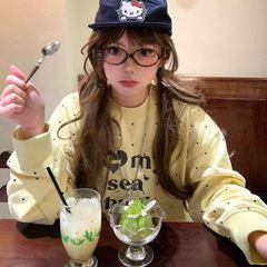 小个子波点印花宽松圆领显瘦卫衣女秋季黄色爱心小狗长袖外穿上衣