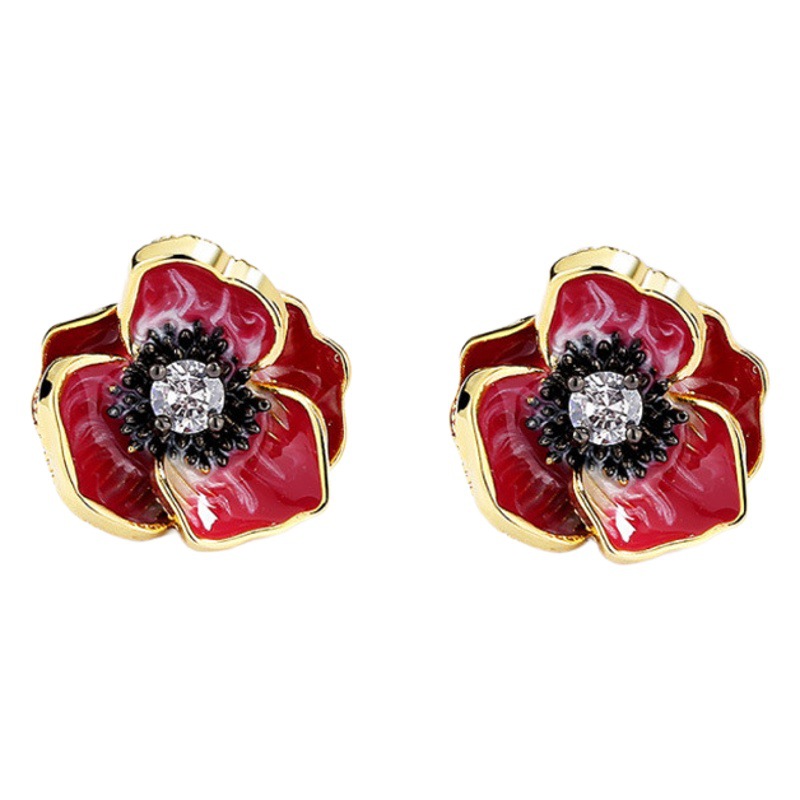 Rosa flor chapado en oro esmalte de tres piezas conjunto Palacio estilo anillo collar pendientes europeo y americano flor joyería