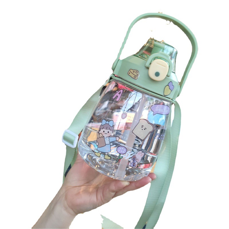 Internet celebridad grasa taza 1100ml gran capacidad estudiante Correa portátil botella de agua niños paja gran vientre taza libre 2D pegatinas