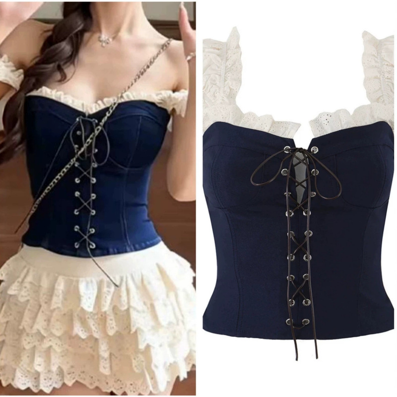 French-Style Retro Sweet and Spicy Design Denim Patchwork Puff Sleeve Tie-Waist Slimming Tube Top Trendy Top