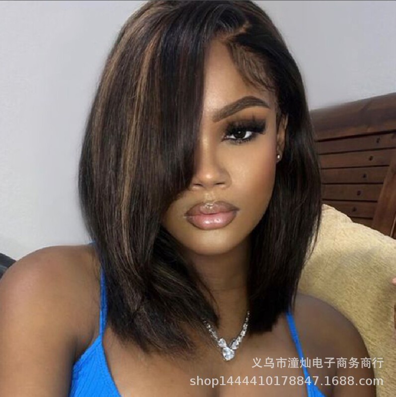 2023 Independent website new European and American wig edge split Brown black short straight hair mid-length wig manufacturers low price promotion