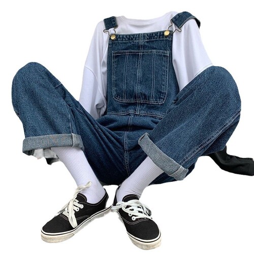 High-waisted Cropped Denim Pants for Women: Fashionable, Buttoned, Elegant Harajuku-Style Trendy Denim Overalls