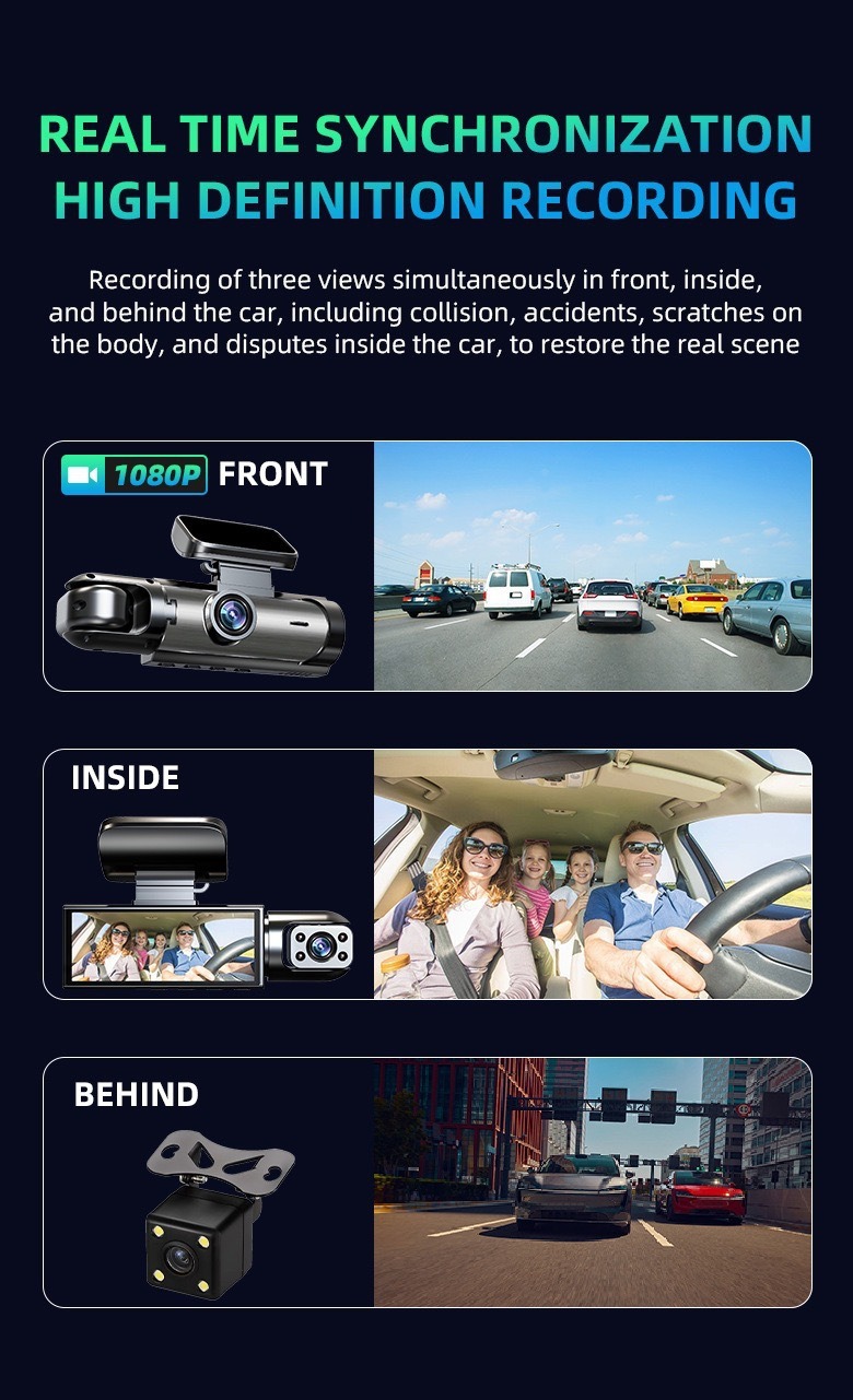 Three-Lens Dash Cam 3.16inch Front, Middle, and Rear Hd Night Vision Reversing Images Wifi Connectivity Wholesale