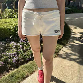 BM风美式低腰抽绳字母印花棉短裤女bm显瘦卷边运动热裤