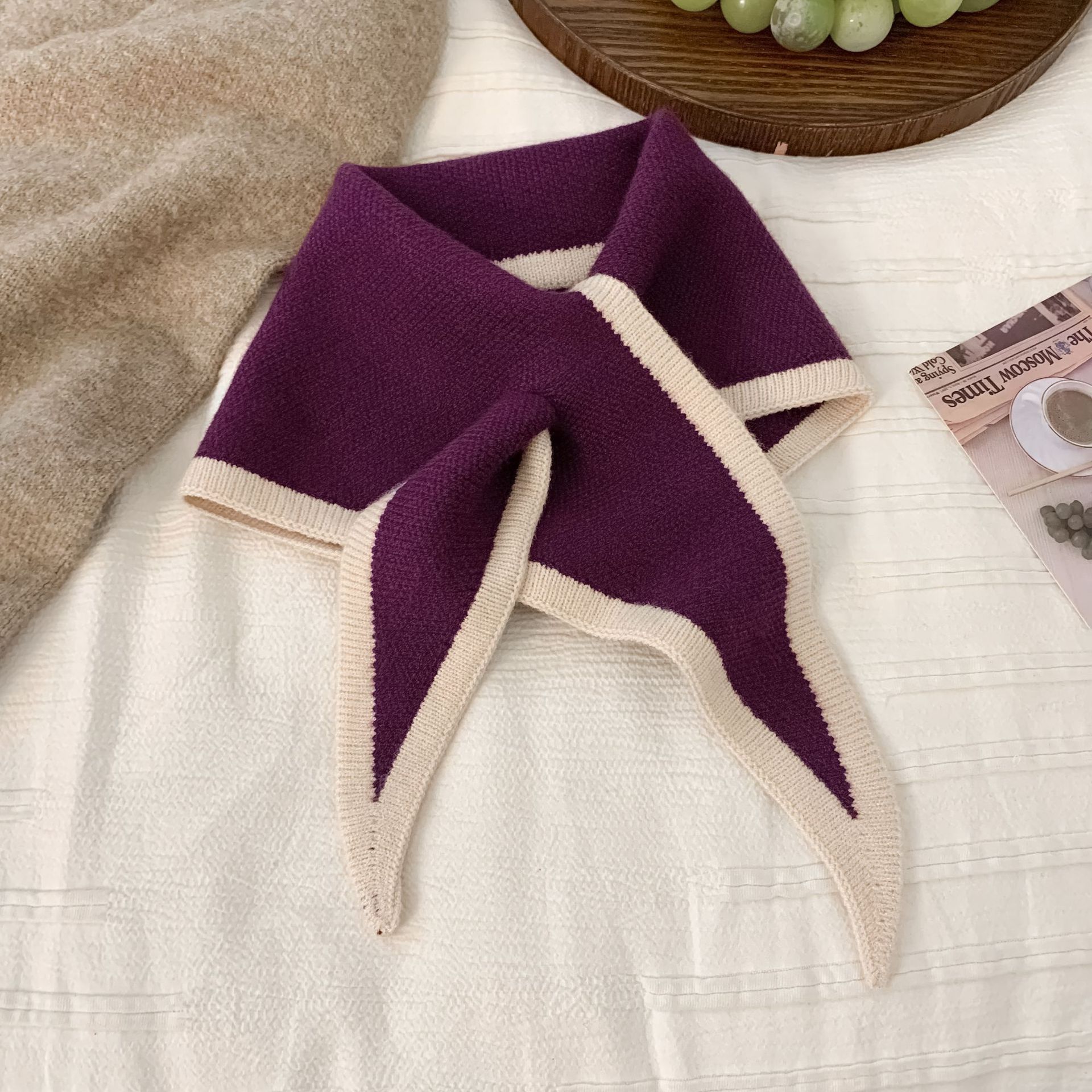 Bufanda pequeña de lana de punto – estilo coreano, cuello dulce cruzado, cálida, otoño e invierno