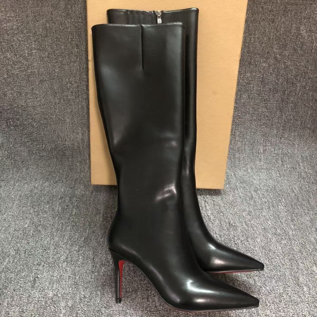 European New Style Black Patent Leather Pointed-Toe Long Boots for Women, Thin-Heeled High Heels with Red Soles, Slimming Riding Boots, Fashionable European Style