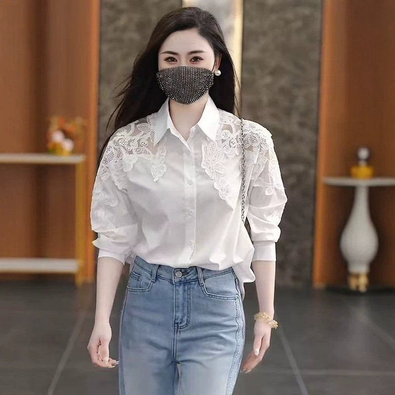 White Lace-Trimmed Long-Sleeve Shirt for Women, 2026 Spring and Autumn Style, High-End Versatile Youthful Loose-Fitting Elegant Women's Top White Lace-Trimmed Long-Sleeve Shirt for Women, 2026 Spring and Autumn Style, High-End Versatile Youthful Loose-Fitting Elegant Women's Top