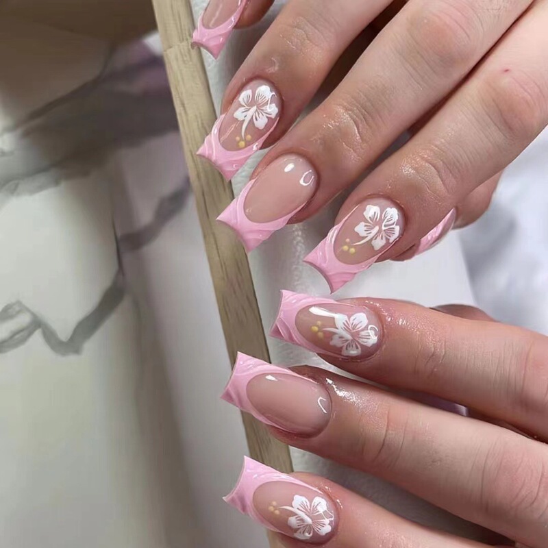 Cross-Border Hot-Selling Medium-Sized Square Nail Tips with 3D Floral Pink French Sweet Style, Detachable Fake Nails Wholesale Cross-Border Hot-Selling Medium-Sized Square Nail Tips with 3D Floral Pink French Sweet Style, Detachable Fake Nails Wholesale