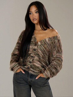 E 81074 Retro Deep V Neck Long Sleeve Cardigan �͹�ë�q�_��