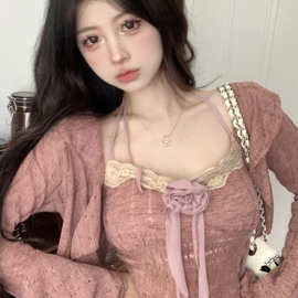 欲甜美蕾丝拼接花朵吊带背心套装女秋季长袖披肩罩衫上衣两件套