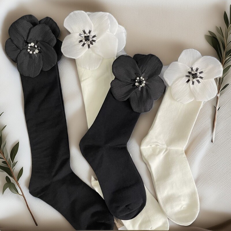 Chiffon Tulle Diamond Flower Summer Sweet Retro Women Socks Solid Color Calf Socks Pile Socks