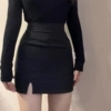 【Thick and long】Black slit skirt 【No lining】