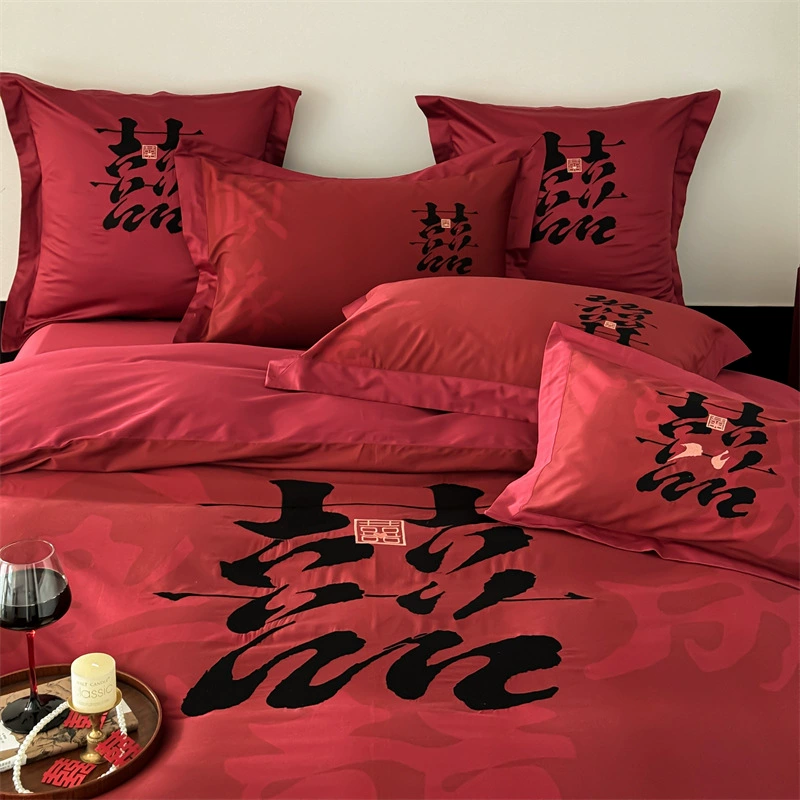 Elite cotton set, red bedspread, 4 piece set, with embroidery