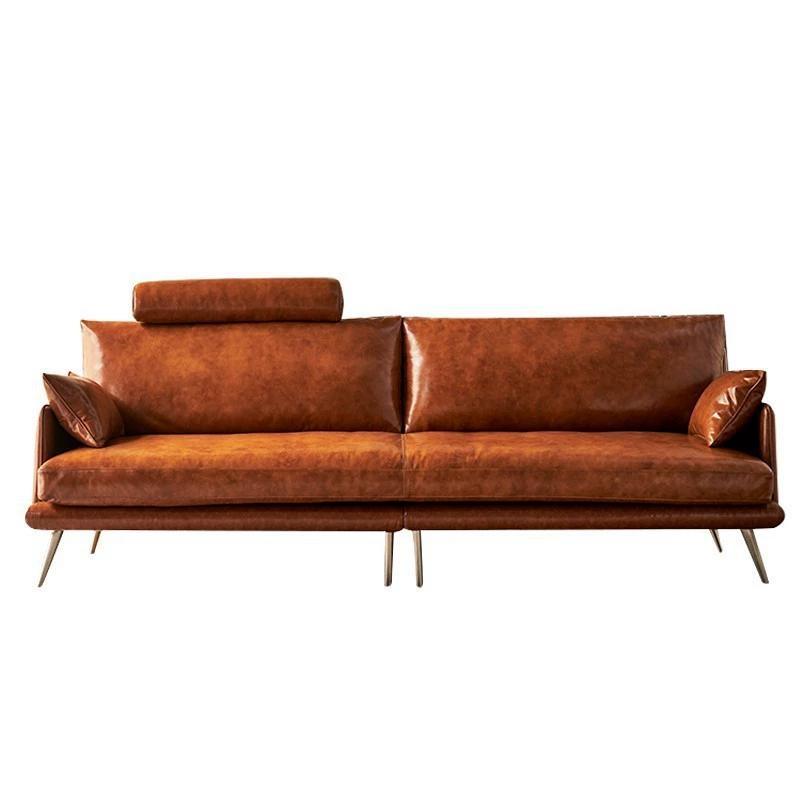 Sofá de cuero de cera de aceite retro, primera capa, piel de vaca, apartamento pequeño, sala de estar para tres personas, estilo americano medio, color caramelo francés