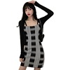 One line collar low cut buttock wrap dress with suspender + knitted long sleeve top cardigan