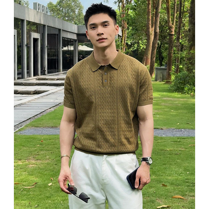 Polo camiseta de punto camiseta de manga corta camiseta hombre hueco diamante transpirable hielo verano al por mayor viejo viento de dinero ropa de hombre verano