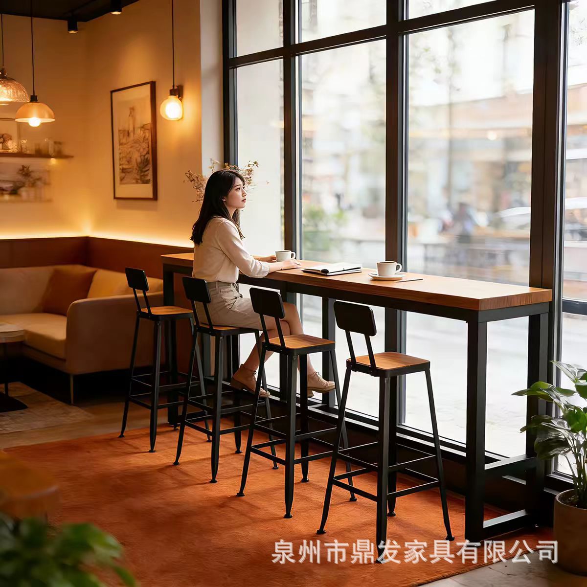 Retro Bar chair backrest solid wood round table bar stool coffee restaurant milk tea shop leisure dining table and chair