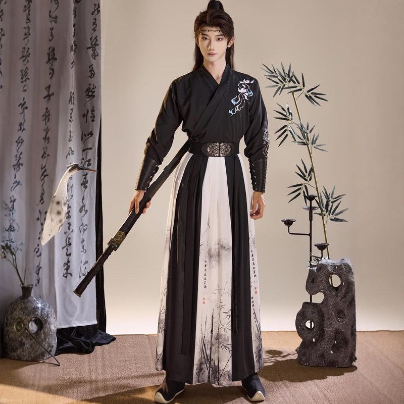 竹影黑白色齐腰汉服套装 原创男装仙侠风格学生日常班服用